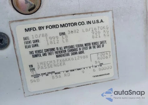 1989 Mercury Topaz Ls z USA, uszkodzony, nr VIN 1MECM37X6KK612988